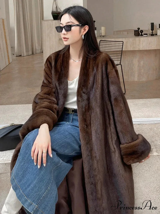 Faux Mink Collar Long Sleeve Overcoat coffee / S overcoats-241228