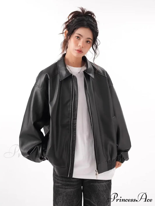 Faux PU Leather Vintage Long Sleeve Lapel Zipper Autumn Fashion Jacket