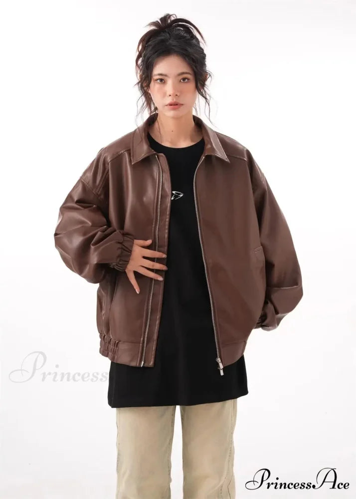 Faux PU Leather Vintage Long Sleeve Lapel Zipper Autumn Fashion Jacket