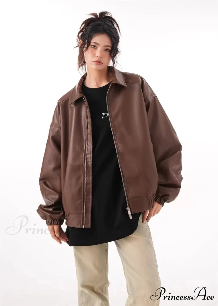 Faux PU Leather Vintage Long Sleeve Lapel Zipper Autumn Fashion Jacket