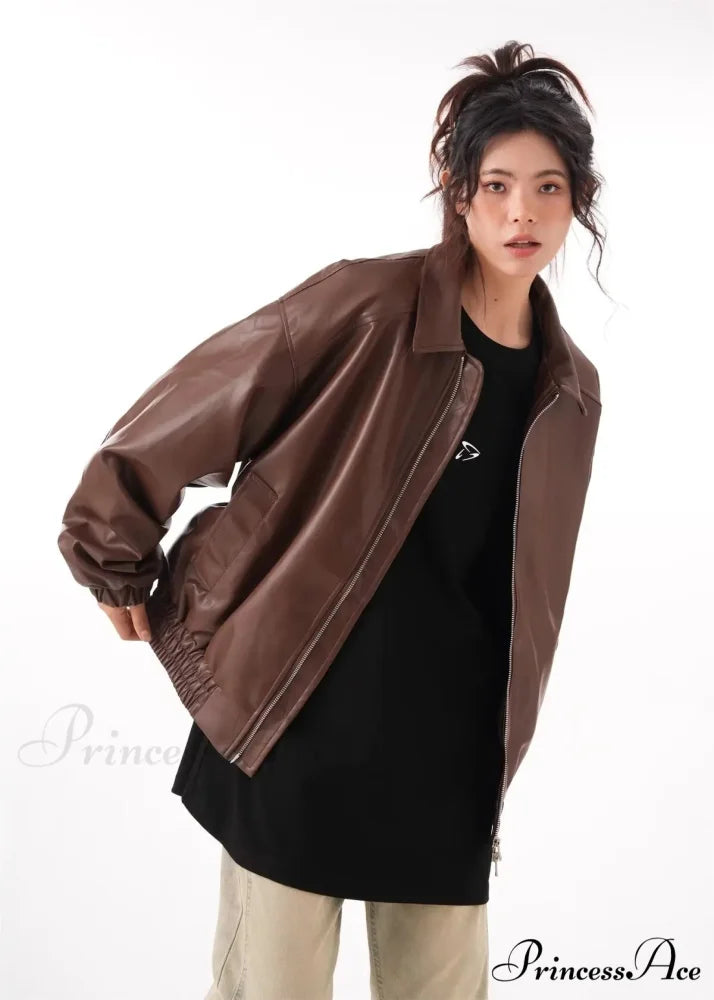 Faux PU Leather Vintage Long Sleeve Lapel Zipper Autumn Fashion Jacket