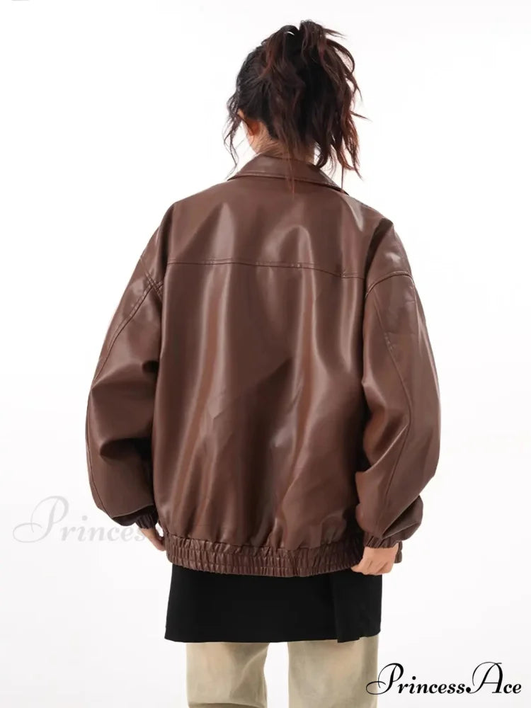 Faux PU Leather Vintage Long Sleeve Lapel Zipper Autumn Fashion Jacket