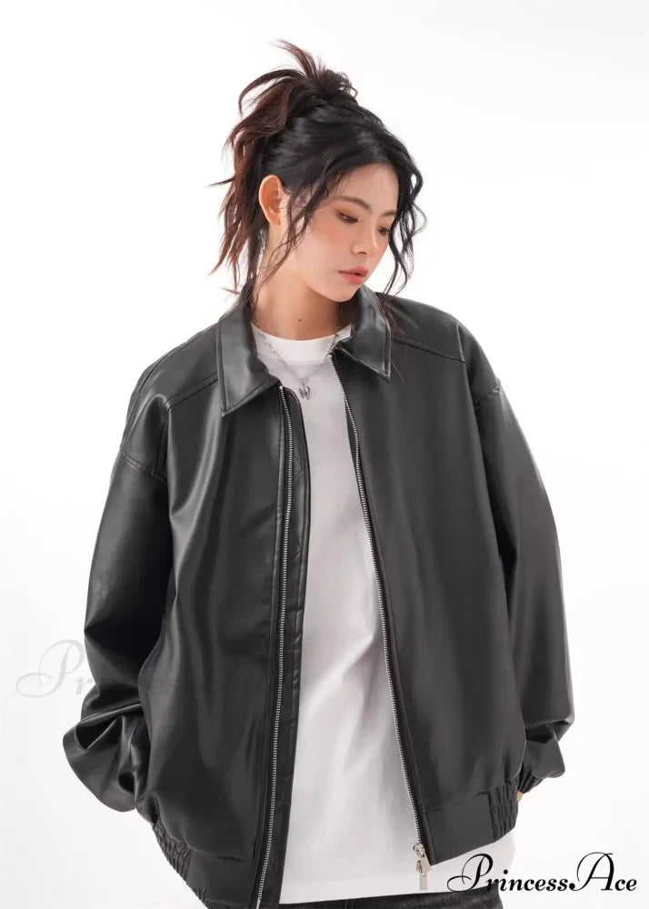 Faux PU Leather Vintage Long Sleeve Lapel Zipper Autumn Fashion Jacket