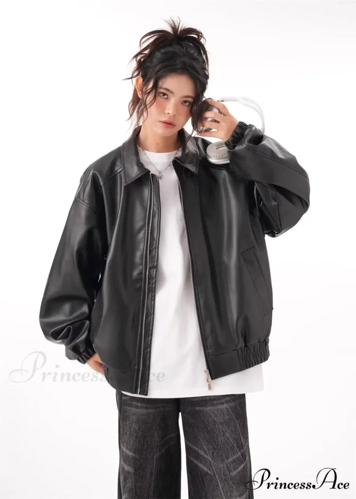 Faux PU Leather Vintage Long Sleeve Lapel Zipper Autumn Fashion Jacket Black / M