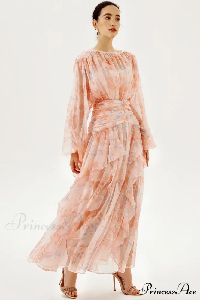 Faye Round Neck Charming Balloon Sleeve Maxi Dress S / Floral