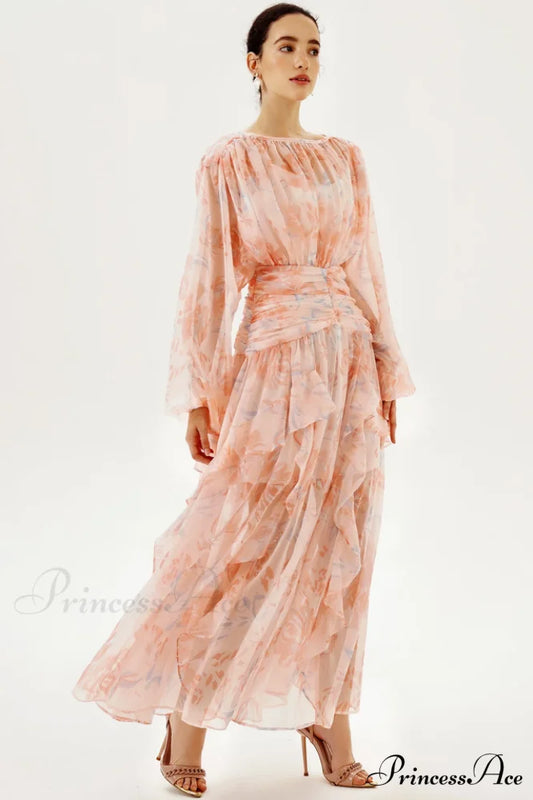 Faye Round Neck Charming Balloon Sleeve Maxi Dress S / Floral