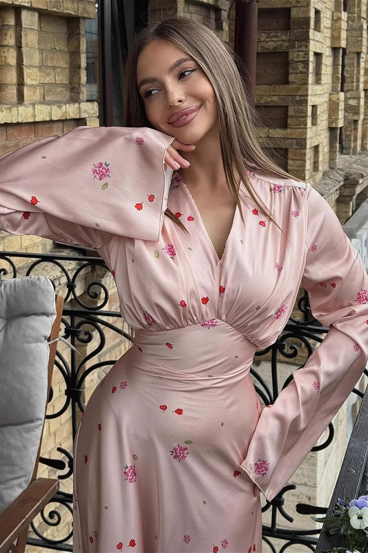 Satin Floral Long Sleeve Bodycon Maxi Dress