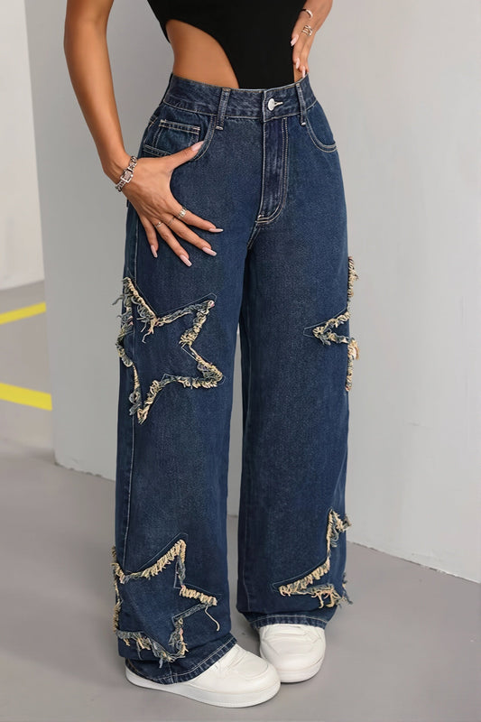 Patch Star Fringe Raw Hem Loose Straight Jeans