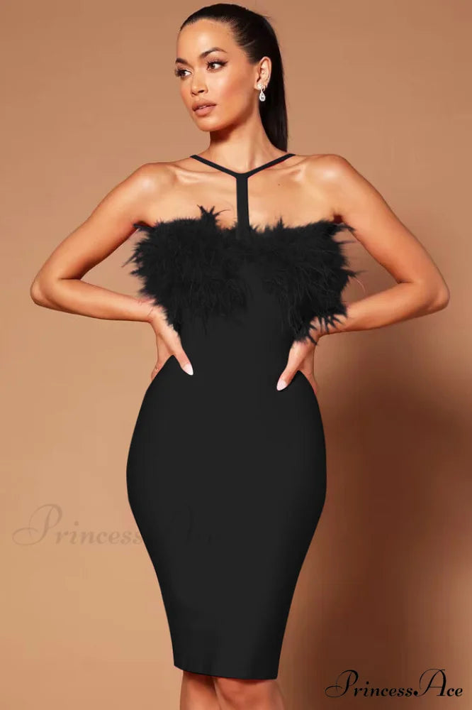 Feather Halter Stylish Mini Dress XS / Black