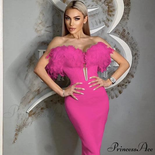 Feather Off-Shoulder Midi Party Dress Rose red / XS