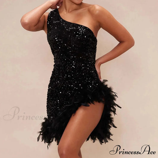Feather Rhinestone Hollow Out Black Party Dress Black / S