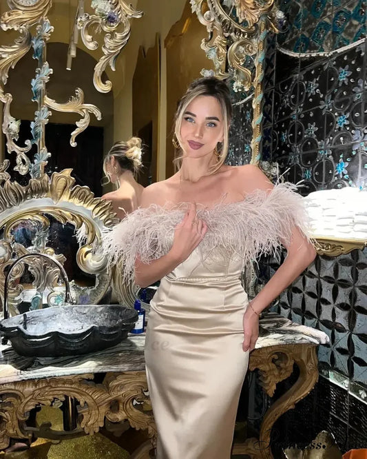 Feather Satin Off-Shoulder Party Dress Apricot / S