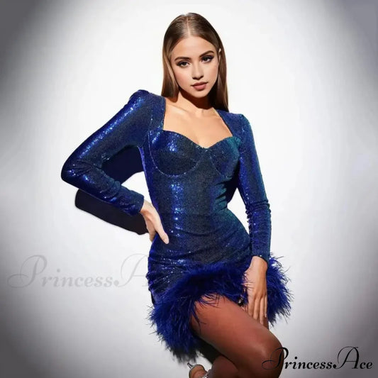 Feather Sequin Square Collar Party Dress Blue / S