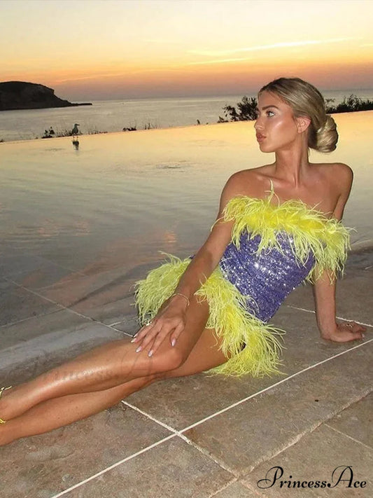 Feather Sequins Bodycon Mini Party Dress purple / S