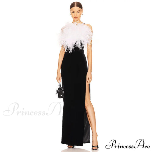 Feather Split Maxi Party Dress Black / XS