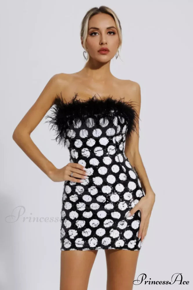 Feather Trim Polka Charming Dot Sequin Dress