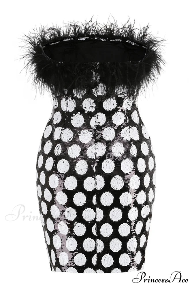 Feather Trim Polka Charming Dot Sequin Dress