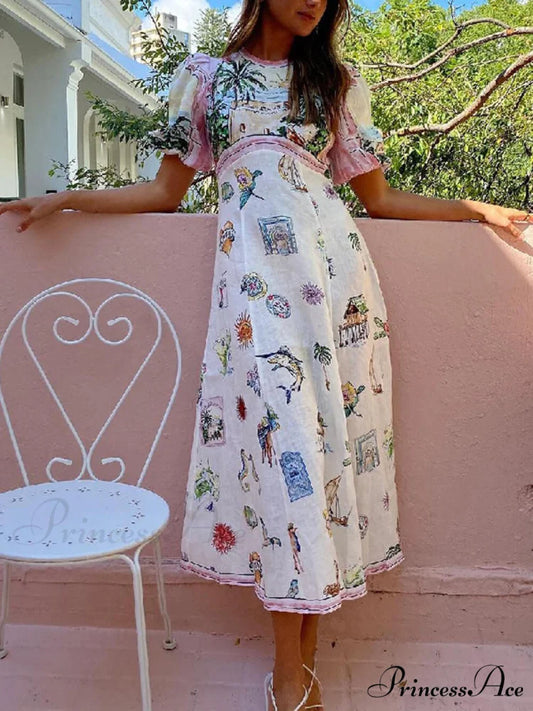 Feature Printed Ethnic Style Graceful Round Neck Midi Dress White / S