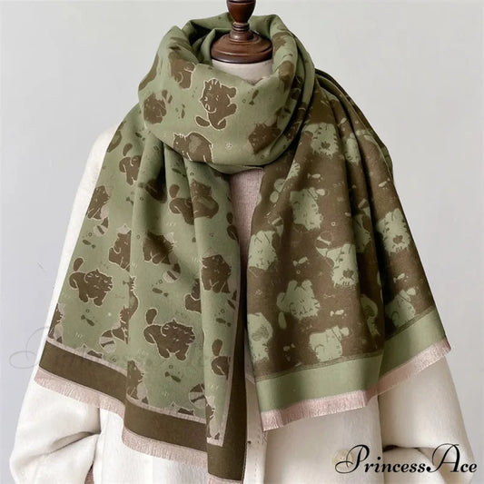 Feline Pattern Cashmere Winter Cozy Scarf green1 scarf-241228