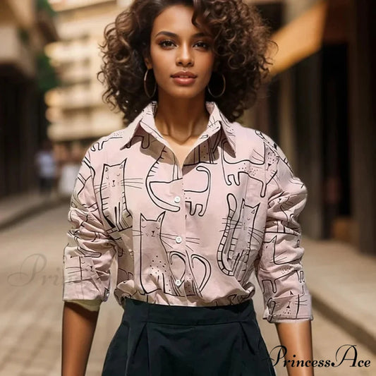 Feline Pattern Extended Sleeve Retro Informal Blouse blouse-250126