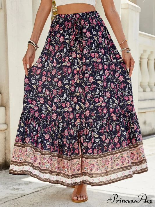 Females Boho Long Skirts Button Up Flowered A-line Hippie Stylish Navy Blue / S skirt-250126