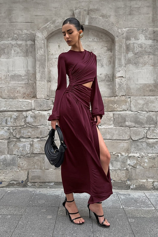 Vintage Round Neck Long Sleeve Cutout Maxi Dress