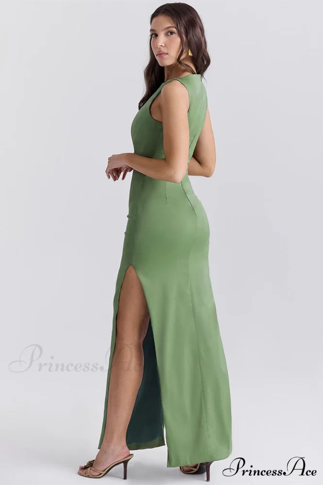 Filomena Olive Boat Charming Neck Maxi Dress