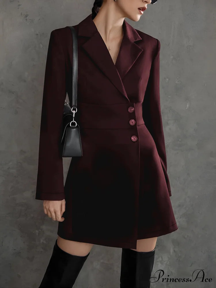 First Choice Blazer Trendy Long Sleeve Short Dress Burgundy / XS