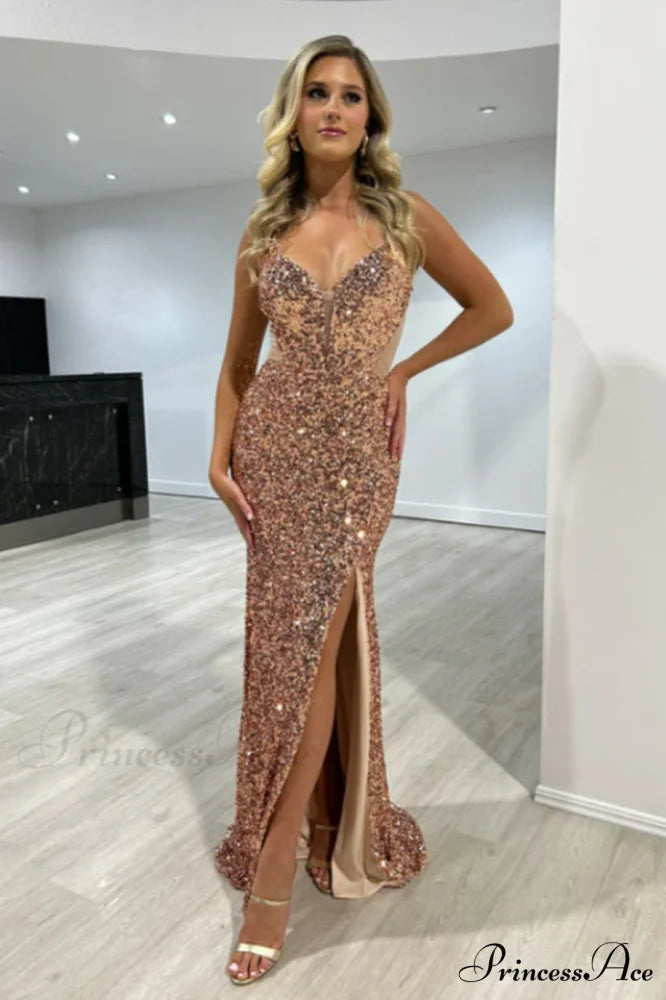 Fitted Sequins Stylish Mermaid Gown S / Gold