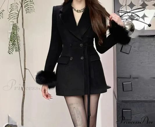 Fitted Woolen Golden Style Mid-Length Overcoat Black / S overcoats-241228