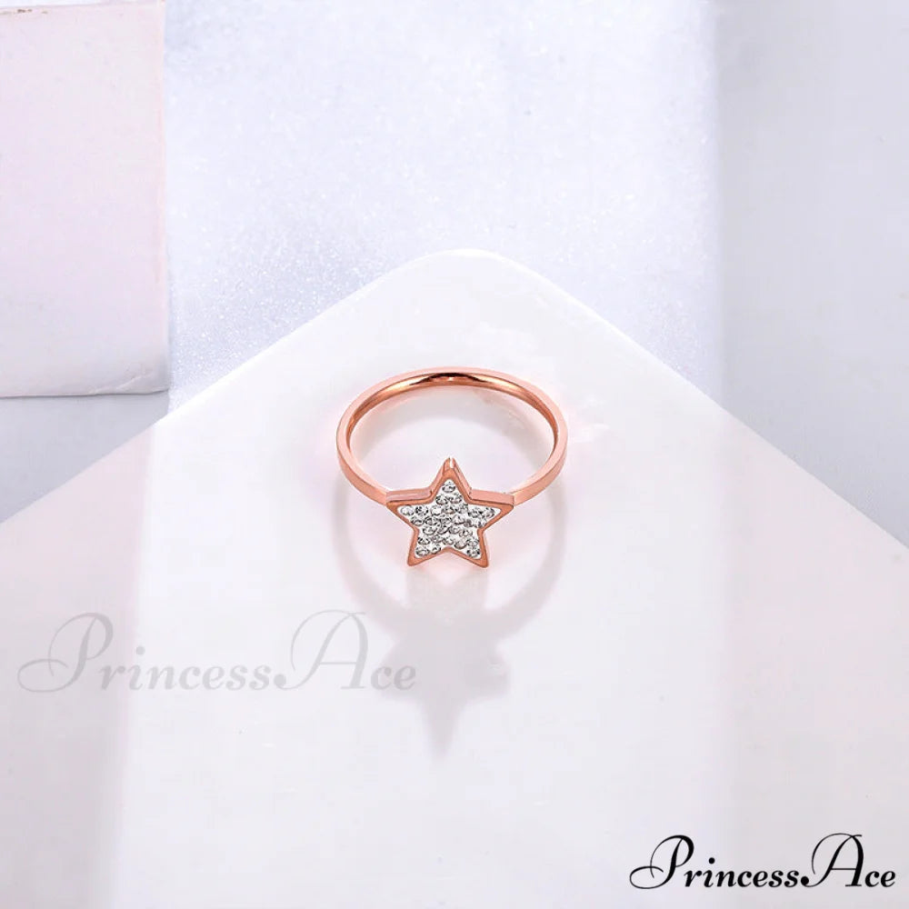 Five-pointed Star Full Diamond Titanium Steel Ring rose gold / 6