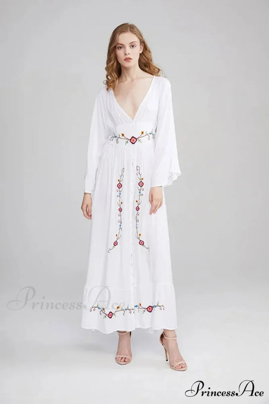 Flare Extended Sleeve Low-cut Cotton Dress WHITE / S bohodress-250126