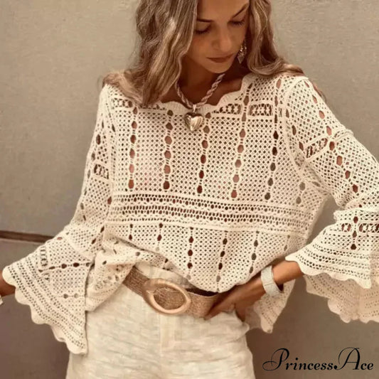 Flare Sleeve Crocheted Knitted Roomy Cotton Boho Blouse APRICOT / One Size bohoblouse-250126