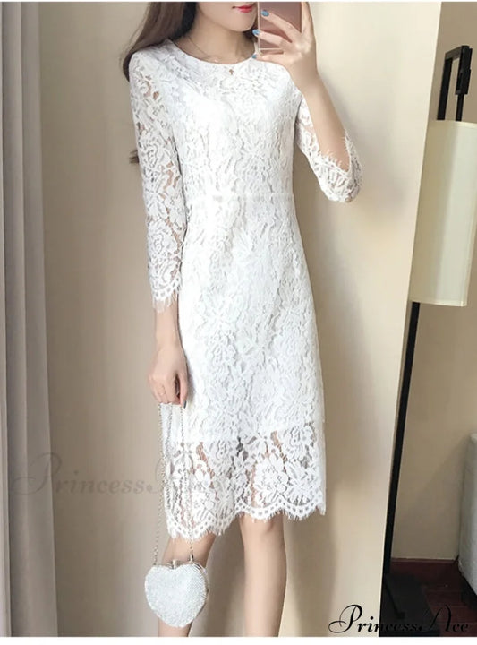 Flare Sleeve Lace Dress with Round Neck S / White
