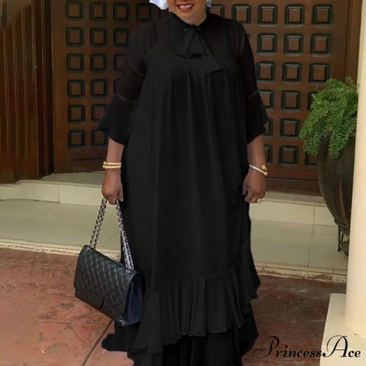 Flare Sleeve Pleated Ruffled Long Maxi Dress black / M