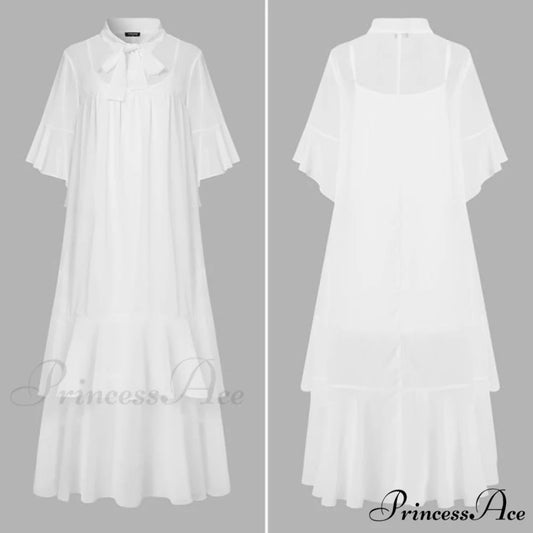 Flare Sleeve Pleated Ruffled Long Maxi Dress white / M