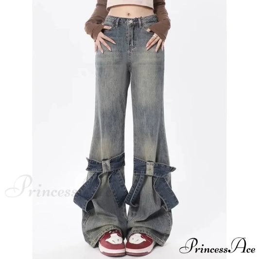 Flare Trousers Women Bow Patchwork Pants blue / S pants-241228
