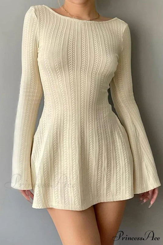 Flares Sleeve Backless Cable Knit Dress Beige / M