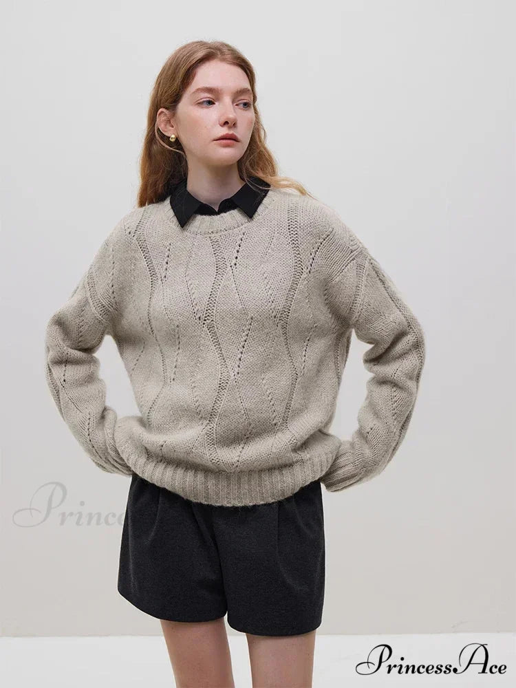 Fleece Angora Perforated Drop Sleeve Pullover Oatmeal color / S swraters-241228