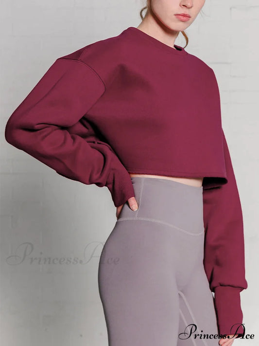 Fleece Lined Graceful Solid Cropped Sweatshirt Burgundy / S
