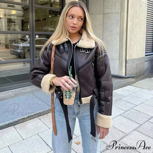 Fleece Solid Graceful Pockets Lapel Coat M / Brown