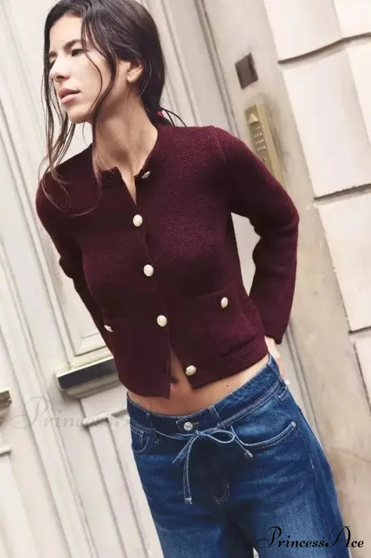 Flexible Gold Clasp Extended Sleeve Cardigan Burgundy / S cardigans-241228