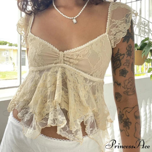 Flirtatious Lace Transparent Babydoll Retro Crop Top Beige / S croptop-250126