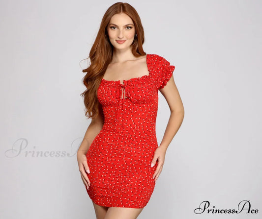 Flirty Vibes Off The Graceful Shoulder Floral Mini Dress RED / XS