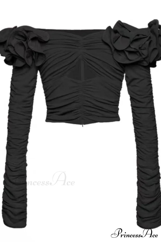 Floral Appliqu鑼卍 Stylish Ruched Crop Top S / Black