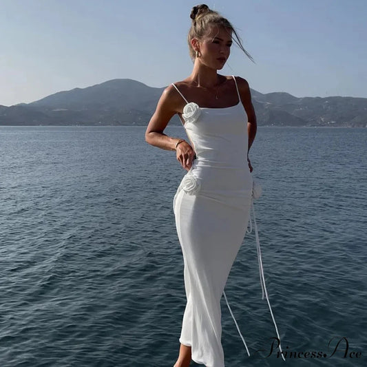 Floral Applique Bandage Sleeveless Summer Vestido Midi Dress WHITE / S