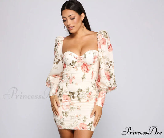 Floral Bloom Stylish Chiffon Mini Dress IVORY / S