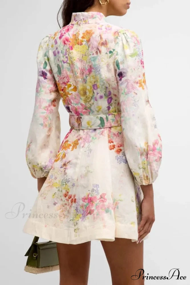 Floral Button Long Charming Sleeve Mini Dress