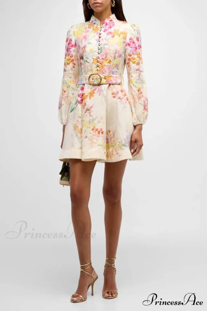 Floral Button Long Charming Sleeve Mini Dress