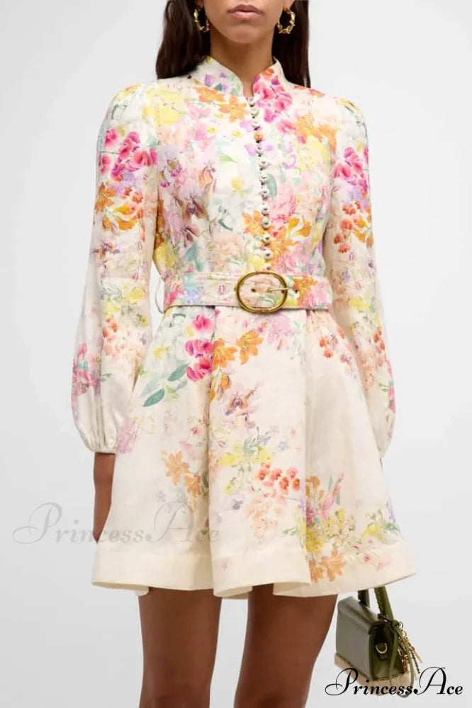 Floral Button Long Charming Sleeve Mini Dress M / Floral